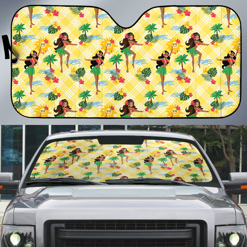 Hawaii Hula Girl Tropical Auto Sun Shade Yellow Palaka LT01 Yellow - Polynesian Pride
