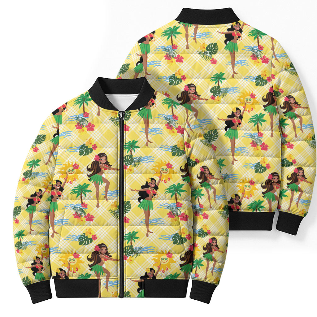 Hawaii Hula Girl Tropical Bomber Puffer Jacket Yellow Palaka
