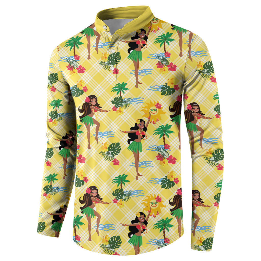 Hawaii Hula Girl Tropical Button Sweatshirt Yellow Palaka