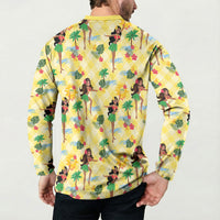 Hawaii Hula Girl Tropical Button Sweatshirt Yellow Palaka