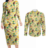 Hawaii Hula Girl Tropical Couples Matching Long Sleeve Bodycon Dress and Long Sleeve Button Shirt Yellow Palaka