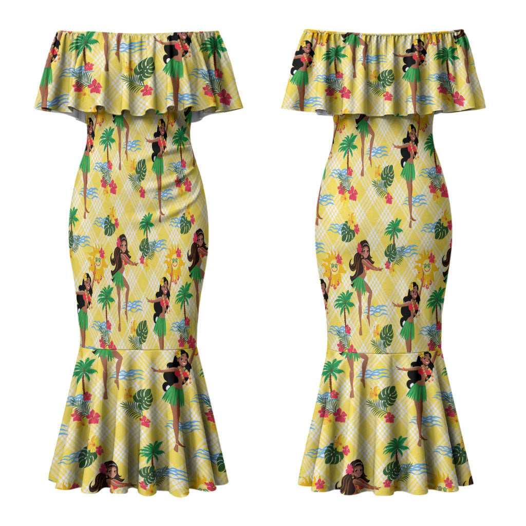 Hawaii Hula Girl Tropical Couples Matching Mermaid Dress and Hawaiian Shirt Yellow Palaka