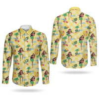 Hawaii Hula Girl Tropical Couples Matching Mermaid Dress and Long Sleeve Button Shirt Yellow Palaka