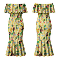 Hawaii Hula Girl Tropical Couples Matching Mermaid Dress and Long Sleeve Button Shirt Yellow Palaka