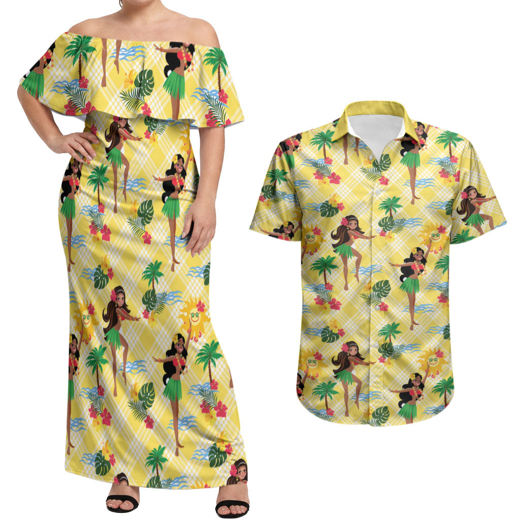 Hawaii Hula Girl Tropical Couples Matching Off Shoulder Maxi Dress and Hawaiian Shirt Yellow Palaka