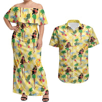 Hawaii Hula Girl Tropical Couples Matching Off Shoulder Maxi Dress and Hawaiian Shirt Yellow Palaka