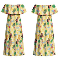 Hawaii Hula Girl Tropical Couples Matching Off Shoulder Maxi Dress and Hawaiian Shirt Yellow Palaka