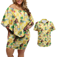 Hawaii Hula Girl Tropical Couples Matching Off Shoulder Short Dress and Hawaiian Shirt Yellow Palaka