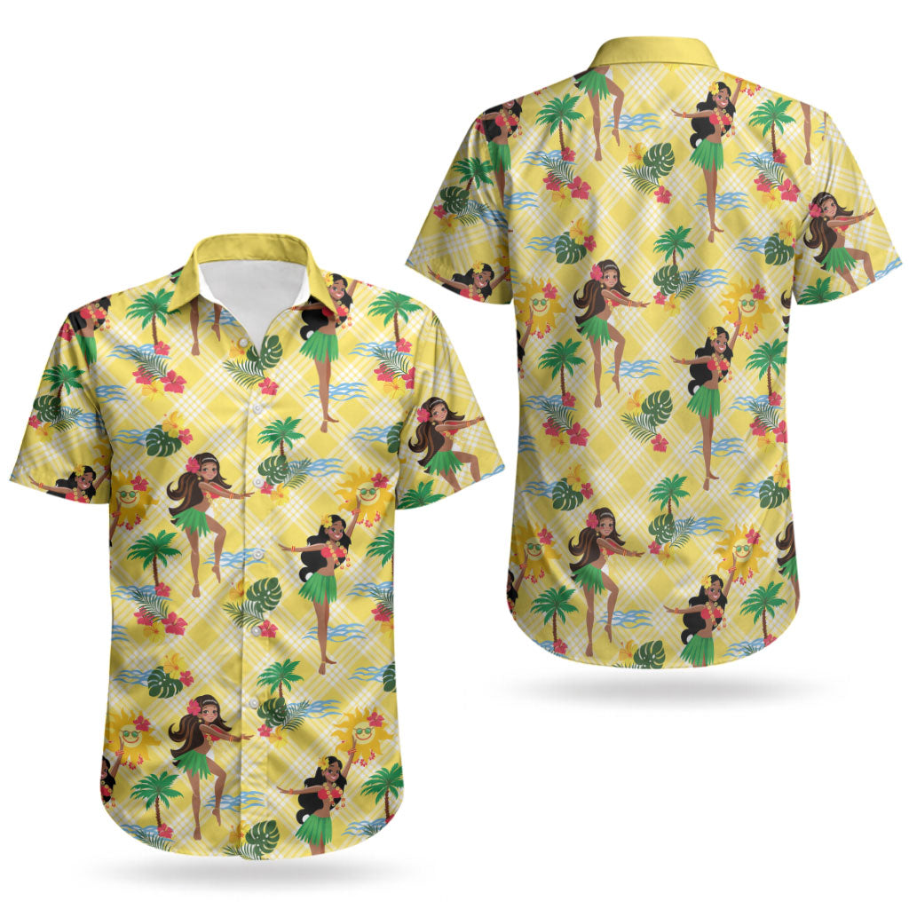 Hawaii Hula Girl Tropical Couples Matching Off Shoulder Short Dress and Hawaiian Shirt Yellow Palaka