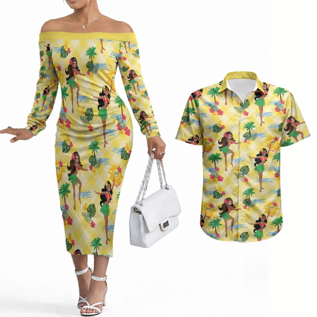 Hawaii Hula Girl Tropical Couples Matching Off The Shoulder Long Sleeve Dress and Hawaiian Shirt Yellow Palaka