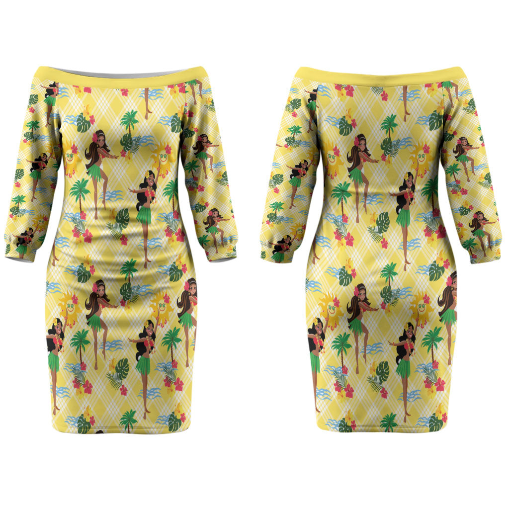 Hawaii Hula Girl Tropical Couples Matching Off The Shoulder Long Sleeve Dress and Hawaiian Shirt Yellow Palaka