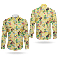 Hawaii Hula Girl Tropical Couples Matching Off The Shoulder Long Sleeve Dress and Long Sleeve Button Shirt Yellow Palaka