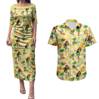 Hawaii Hula Girl Tropical Couples Matching Puletasi and Hawaiian Shirt Yellow Palaka