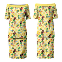 Hawaii Hula Girl Tropical Couples Matching Puletasi and Long Sleeve Button Shirt Yellow Palaka