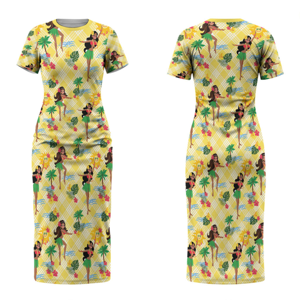 Hawaii Hula Girl Tropical Couples Matching Short Sleeve Bodycon Dress and Hawaiian Shirt Yellow Palaka