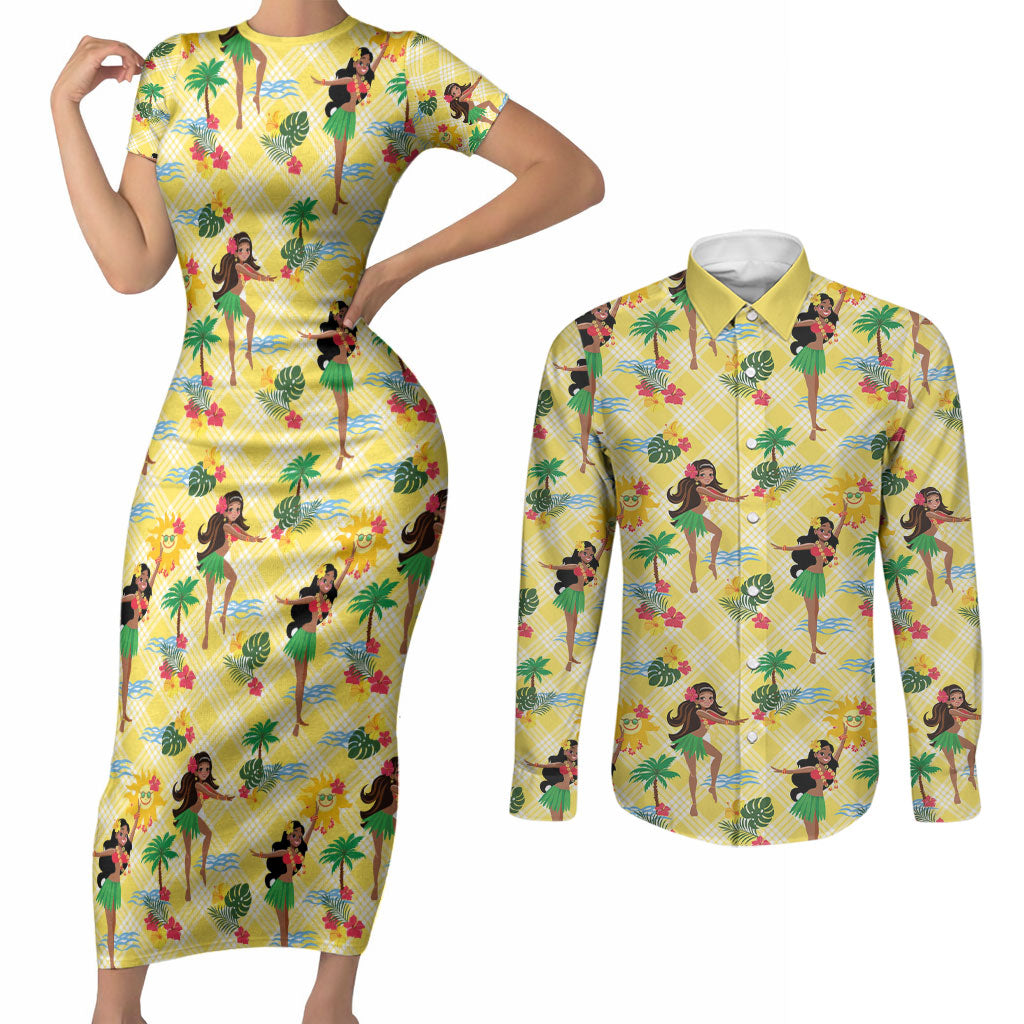 Hawaii Hula Girl Tropical Couples Matching Short Sleeve Bodycon Dress and Long Sleeve Button Shirt Yellow Palaka