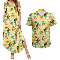 Hawaii Hula Girl Tropical Couples Matching Summer Maxi Dress and Hawaiian Shirt Yellow Palaka