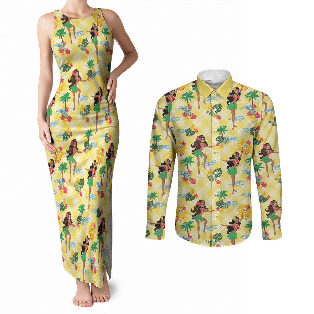 Hawaii Hula Girl Tropical Couples Matching Tank Maxi Dress and Long Sleeve Button Shirt Yellow Palaka