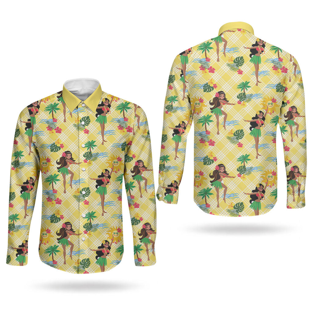 Hawaii Hula Girl Tropical Couples Matching Tank Maxi Dress and Long Sleeve Button Shirt Yellow Palaka
