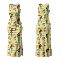 Hawaii Hula Girl Tropical Couples Matching Tank Maxi Dress and Long Sleeve Button Shirt Yellow Palaka