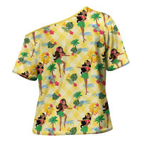 Hawaii Hula Girl Tropical Cross Shoulder Shirt Yellow Palaka