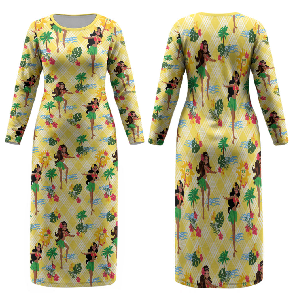 Hawaii Hula Girl Tropical Family Matching Long Sleeve Bodycon Dress and Hawaiian Shirt Yellow Palaka