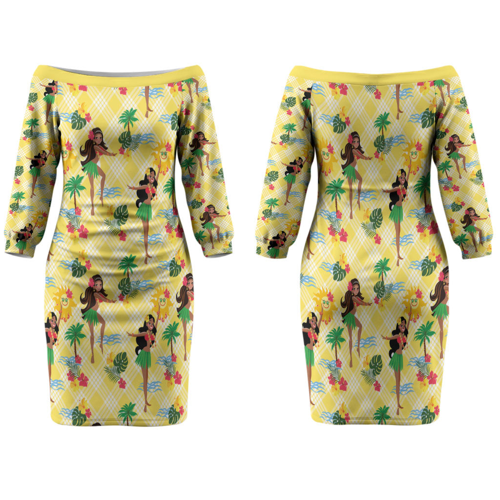 Hawaii Hula Girl Tropical Family Matching Off The Shoulder Long Sleeve Dress and Hawaiian Shirt Yellow Palaka