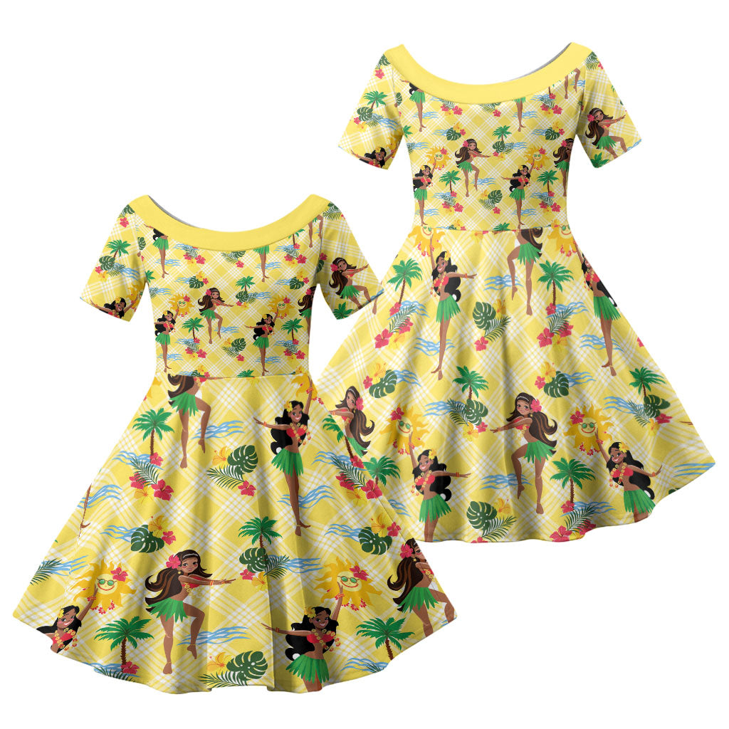 Hawaii Hula Girl Tropical Family Matching Off The Shoulder Long Sleeve Dress and Hawaiian Shirt Yellow Palaka