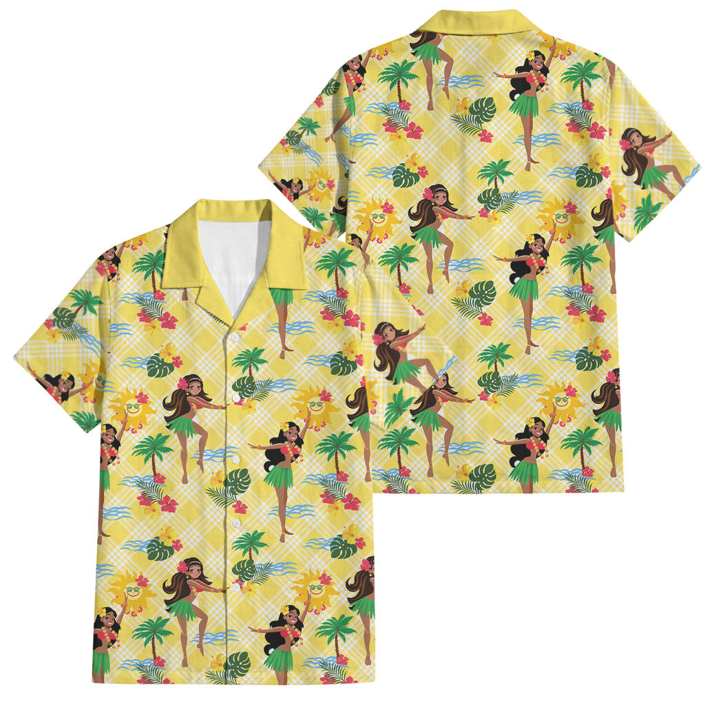 Hawaii Hula Girl Tropical Family Matching Off Shoulder Maxi Dress and Hawaiian Shirt Yellow Palaka