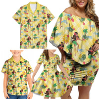 Hawaii Hula Girl Tropical Family Matching Off Shoulder Short Dress and Hawaiian Shirt Yellow Palaka