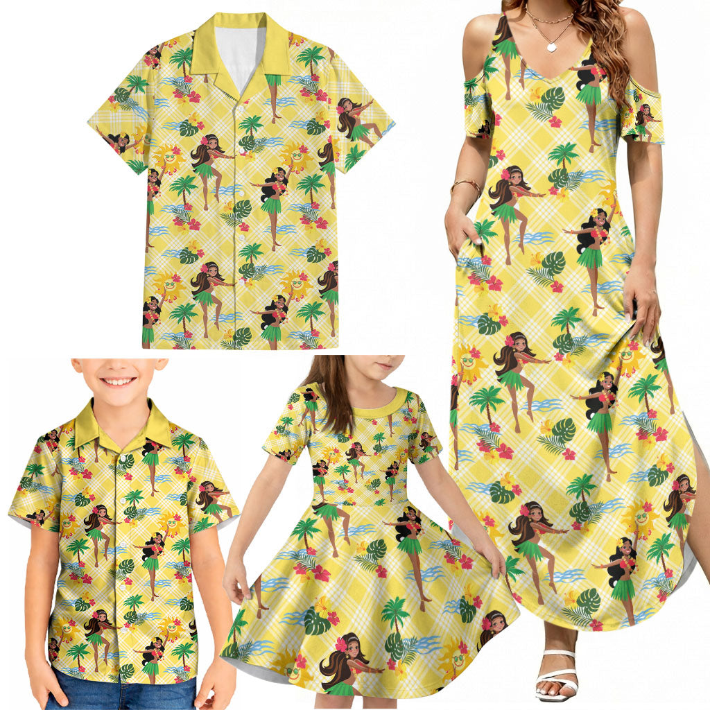 Hawaii Hula Girl Tropical Family Matching Summer Maxi Dress and Hawaiian Shirt Yellow Palaka