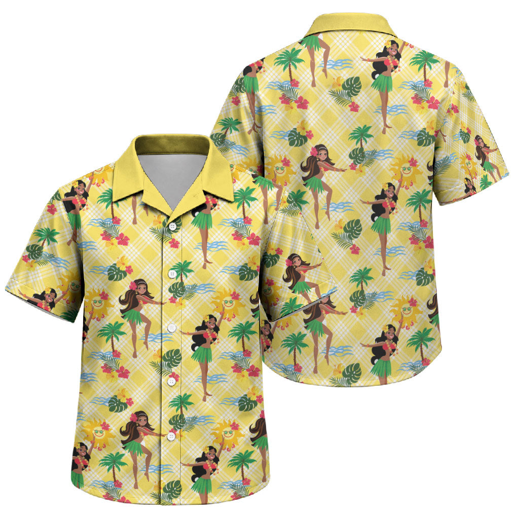 Hawaii Hula Girl Tropical Family Matching Summer Maxi Dress and Hawaiian Shirt Yellow Palaka