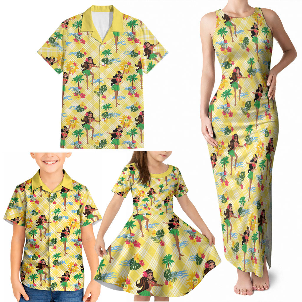 Hawaii Hula Girl Tropical Family Matching Tank Maxi Dress and Hawaiian Shirt Yellow Palaka