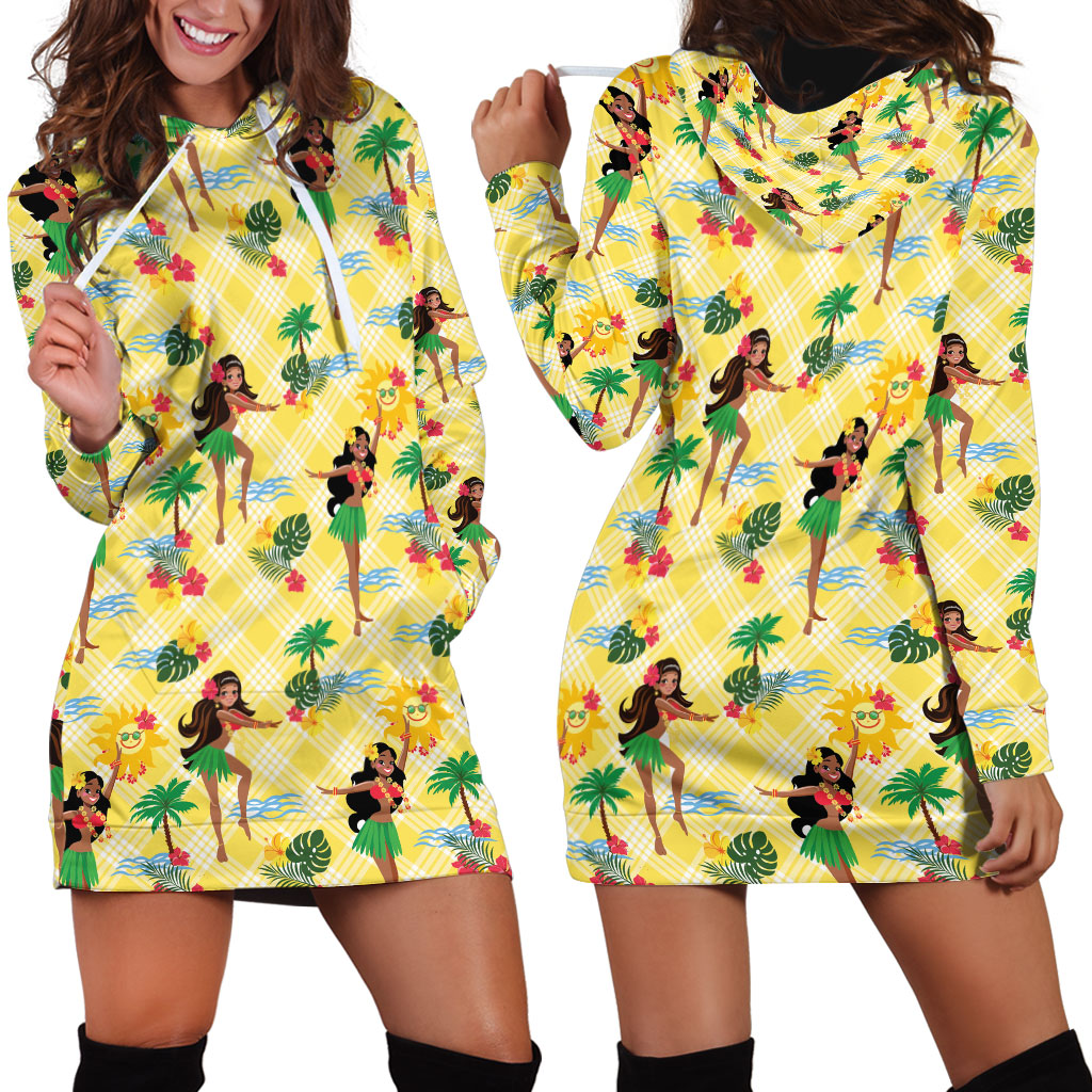Hawaii Hula Girl Tropical Hoodie Dress Yellow Palaka