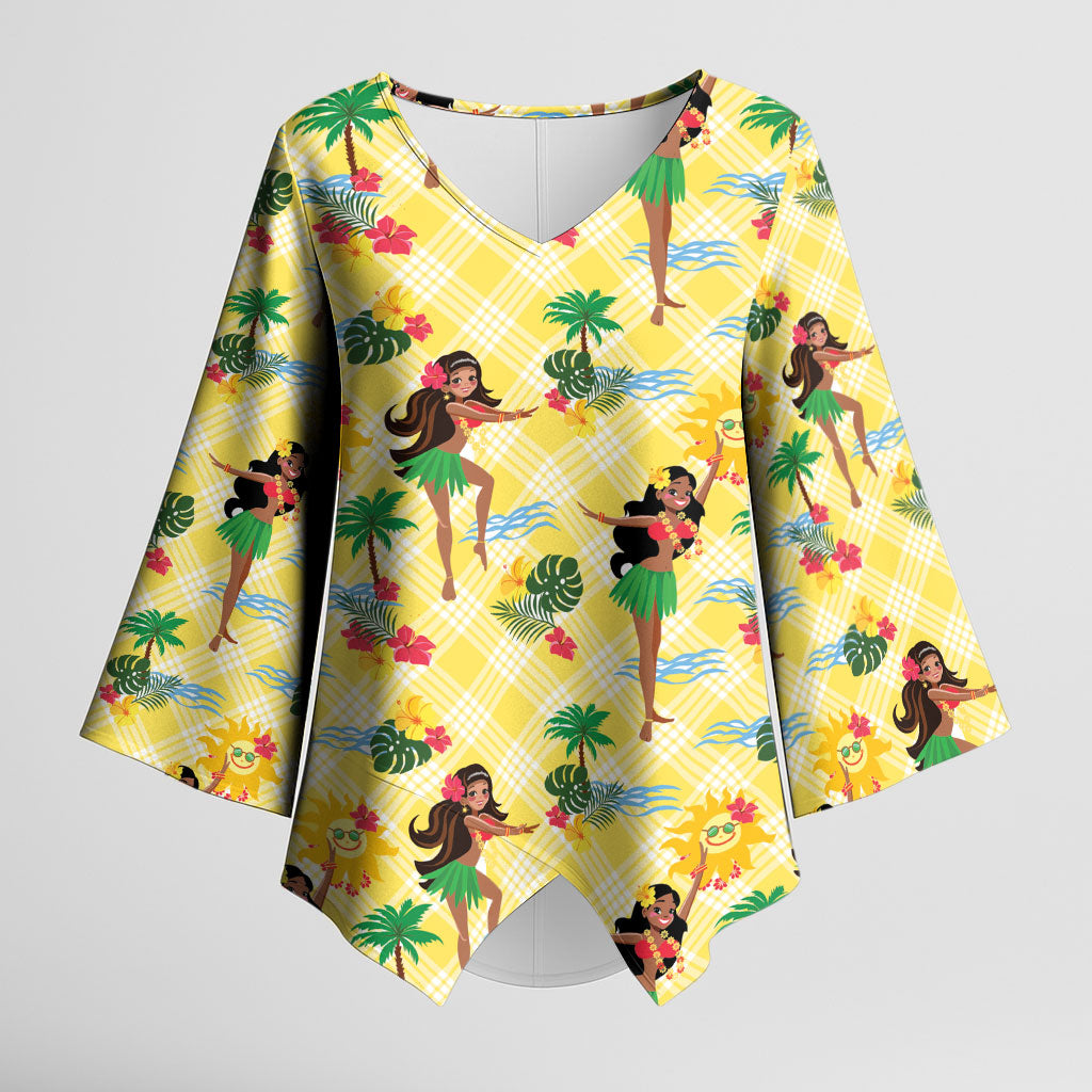 Hawaii Hula Girl Tropical Kimono Sleeve Blouse Yellow Palaka