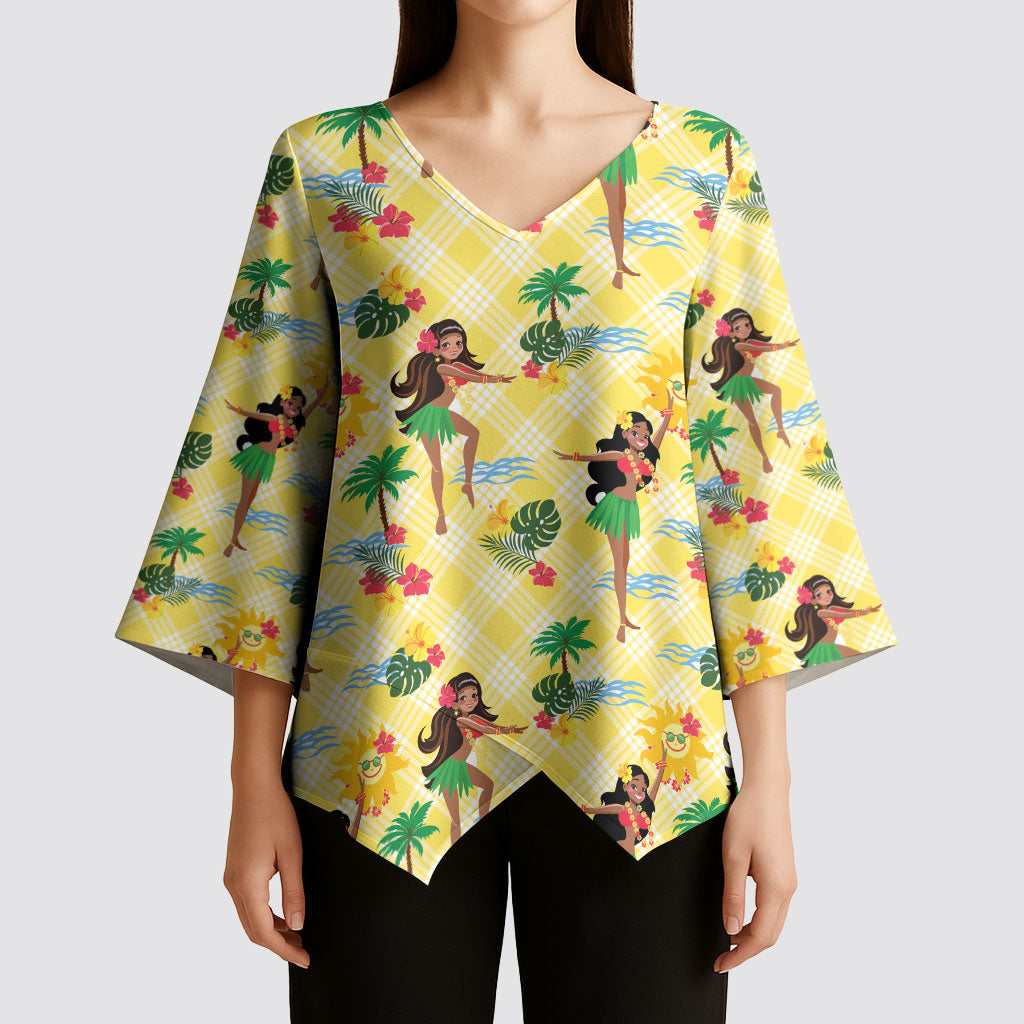 Hawaii Hula Girl Tropical Kimono Sleeve Blouse Yellow Palaka