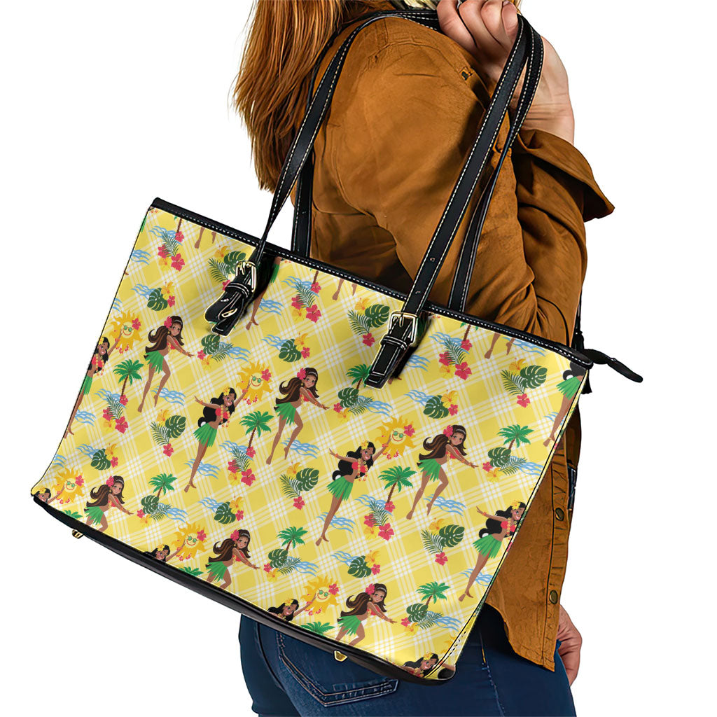 Hawaii Hula Girl Tropical Leather Tote Bag Yellow Palaka