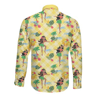 Hawaii Hula Girl Tropical Long Sleeve Button Shirt Yellow Palaka