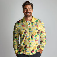 Hawaii Hula Girl Tropical Long Sleeve Polo Shirt Yellow Palaka