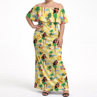 Hawaii Hula Girl Tropical Off Shoulder Maxi Dress Yellow Palaka