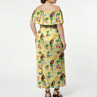 Hawaii Hula Girl Tropical Off Shoulder Maxi Dress Yellow Palaka