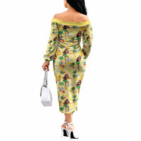 Hawaii Hula Girl Tropical Off The Shoulder Long Sleeve Dress Yellow Palaka