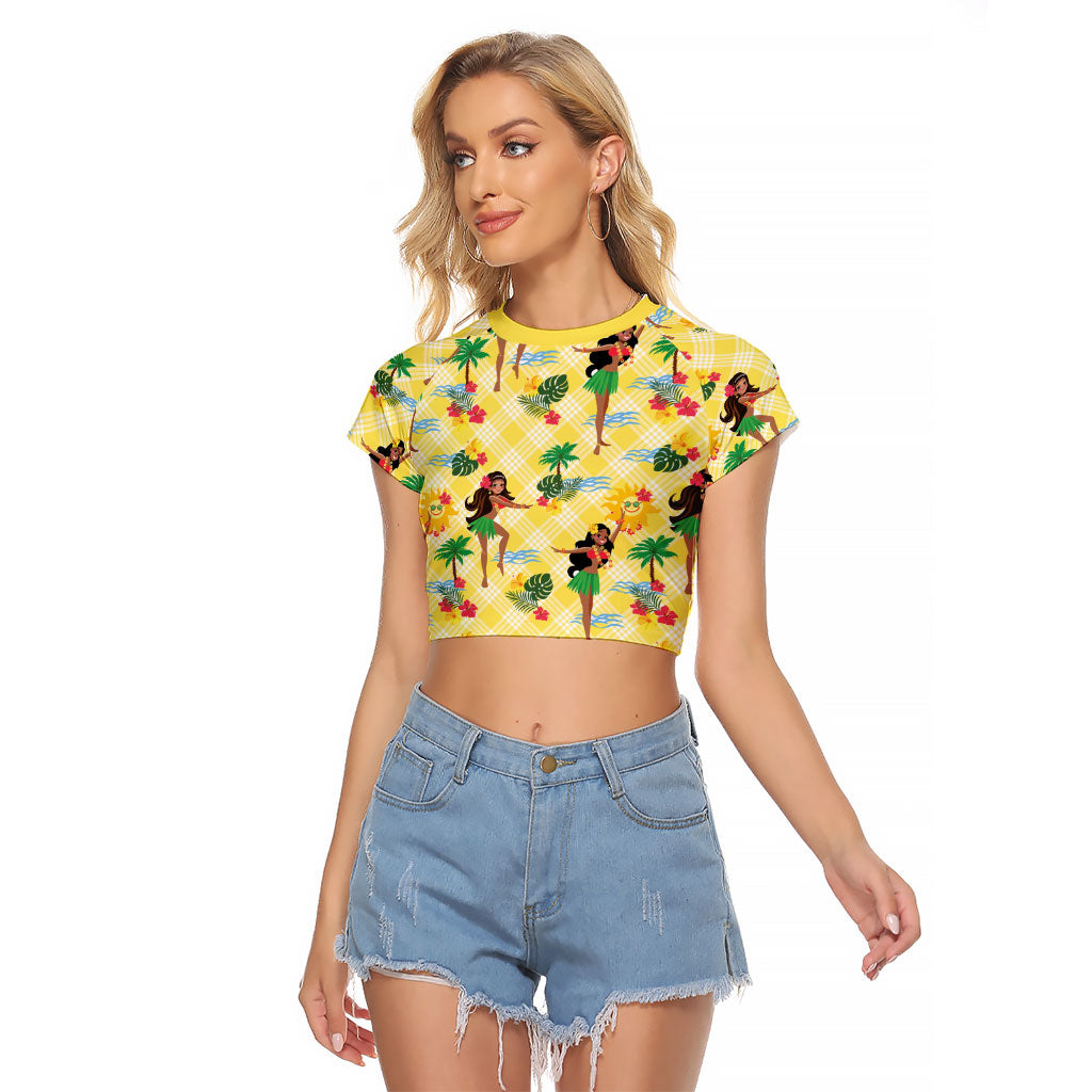 Hawaii Hula Girl Tropical Raglan Cropped T Shirt Yellow Palaka