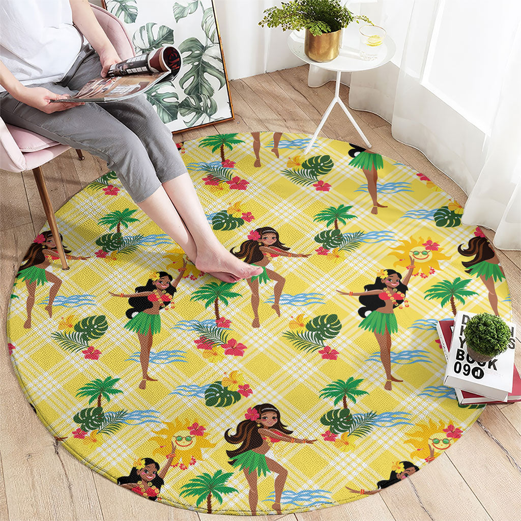 Hawaii Hula Girl Tropical Round Carpet Yellow Palaka