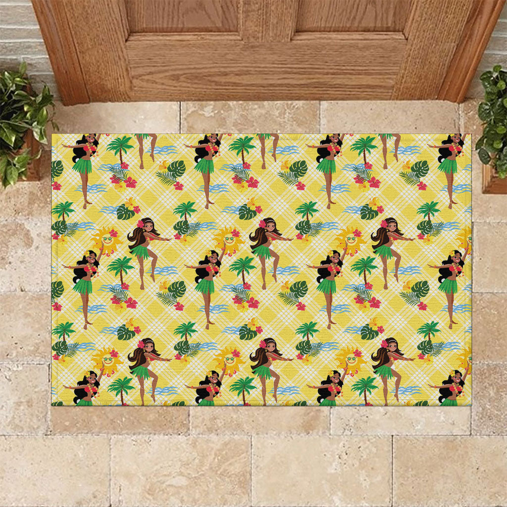 Hawaii Hula Girl Tropical Rubber Doormat Yellow Palaka