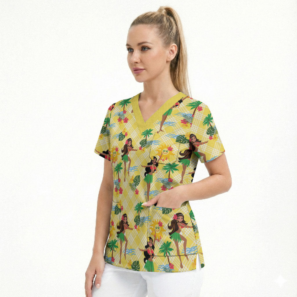 Hawaii Hula Girl Tropical Scrub Top Yellow Palaka