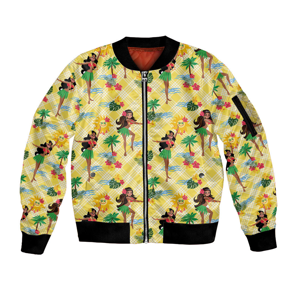 Hawaii Hula Girl Tropical Sleeve Zip Bomber Jacket Yellow Palaka
