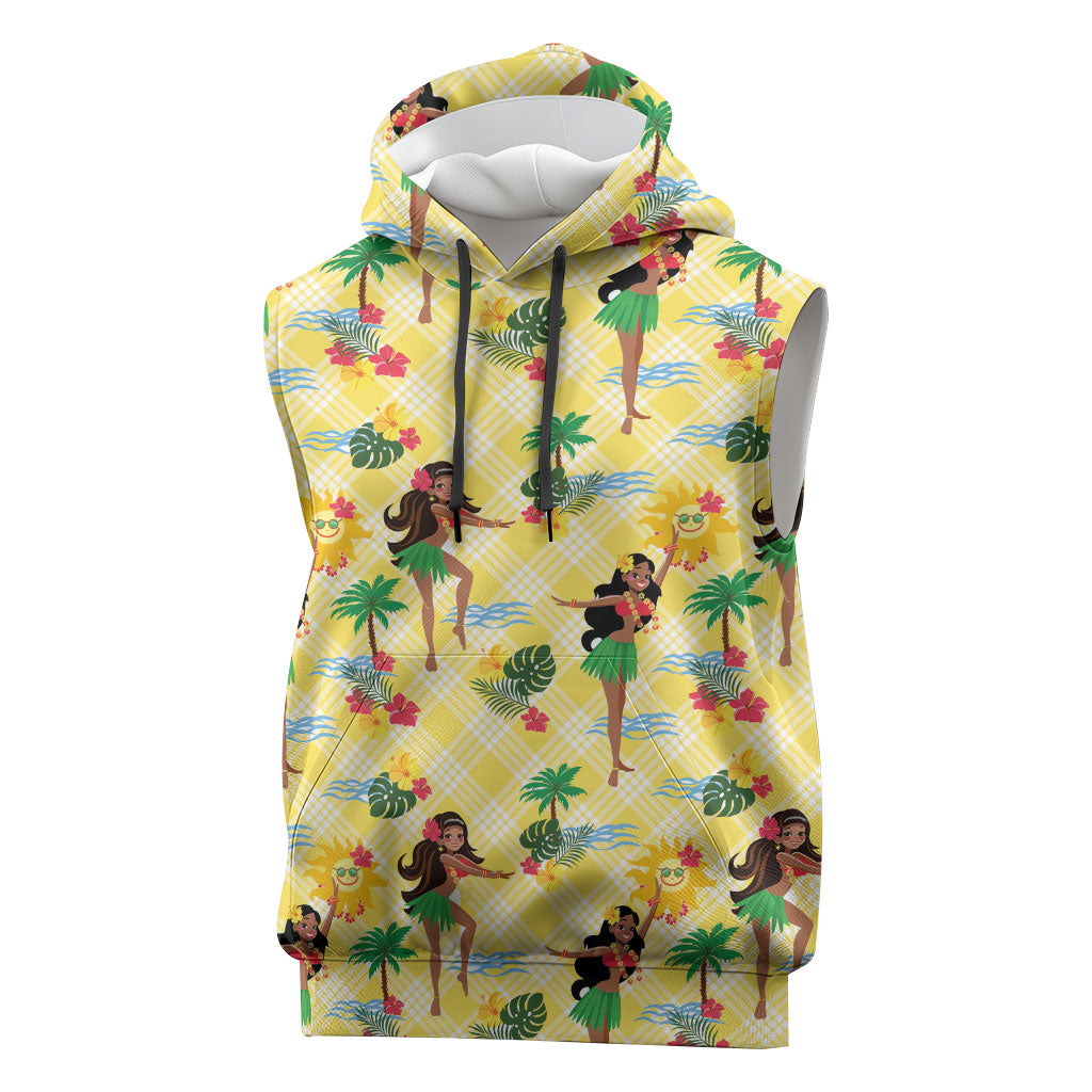 Hawaii Hula Girl Tropical Sleeveless Hoodie Yellow Palaka