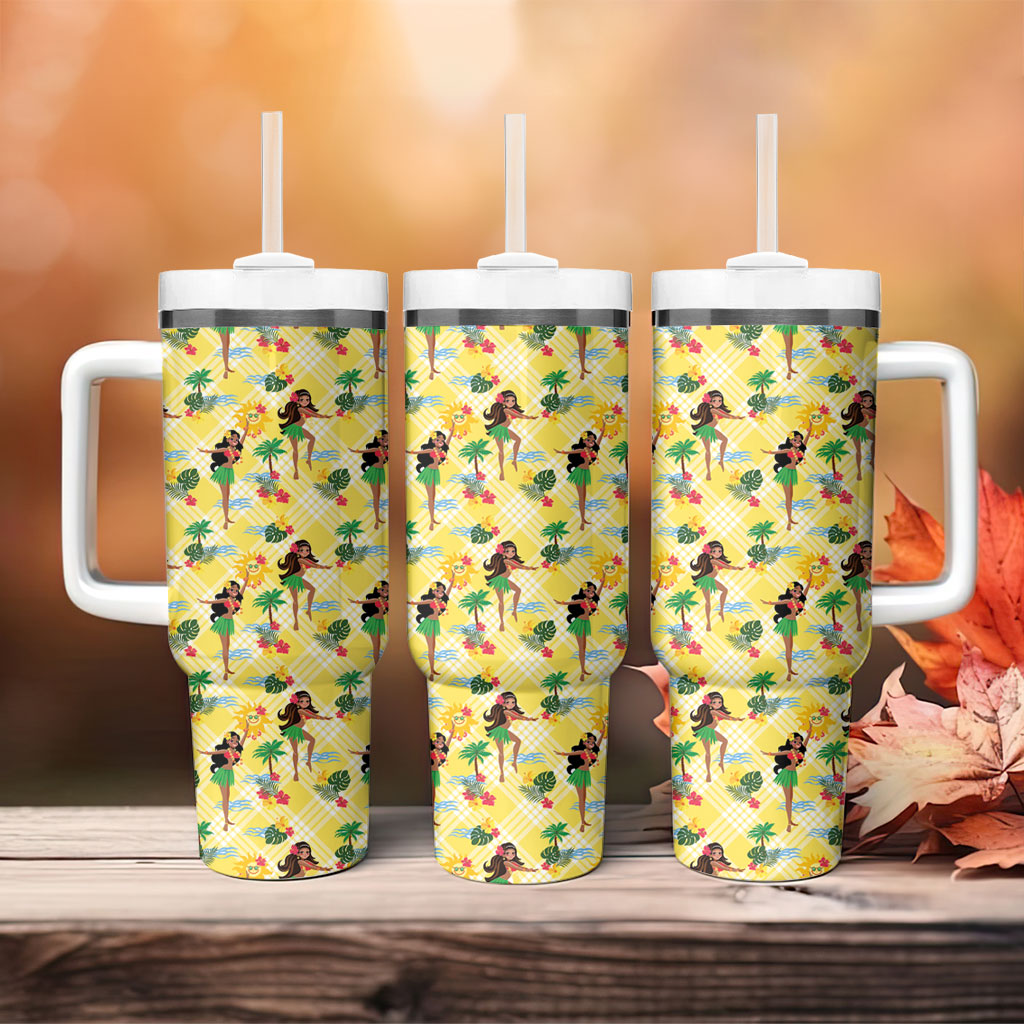 Hawaii Hula Girl Tropical Tumbler With Handle Yellow Palaka