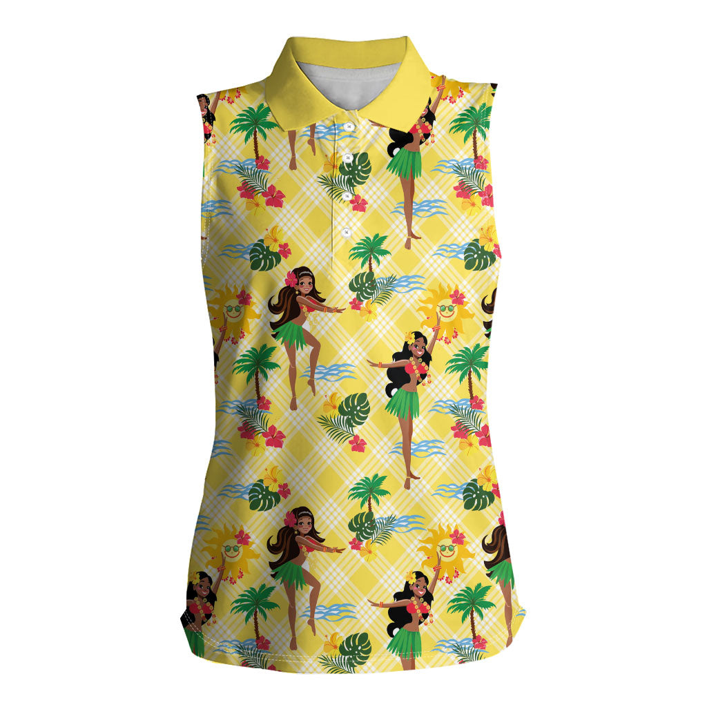 Hawaii Hula Girl Tropical Women Sleeveless Polo Shirt Yellow Palaka